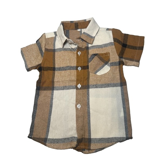 The Unbranded Brand Other - Boys Plaid Button Up Shirt Size 2T Brown Beige Short Sleeve Pocket Casual Trendy